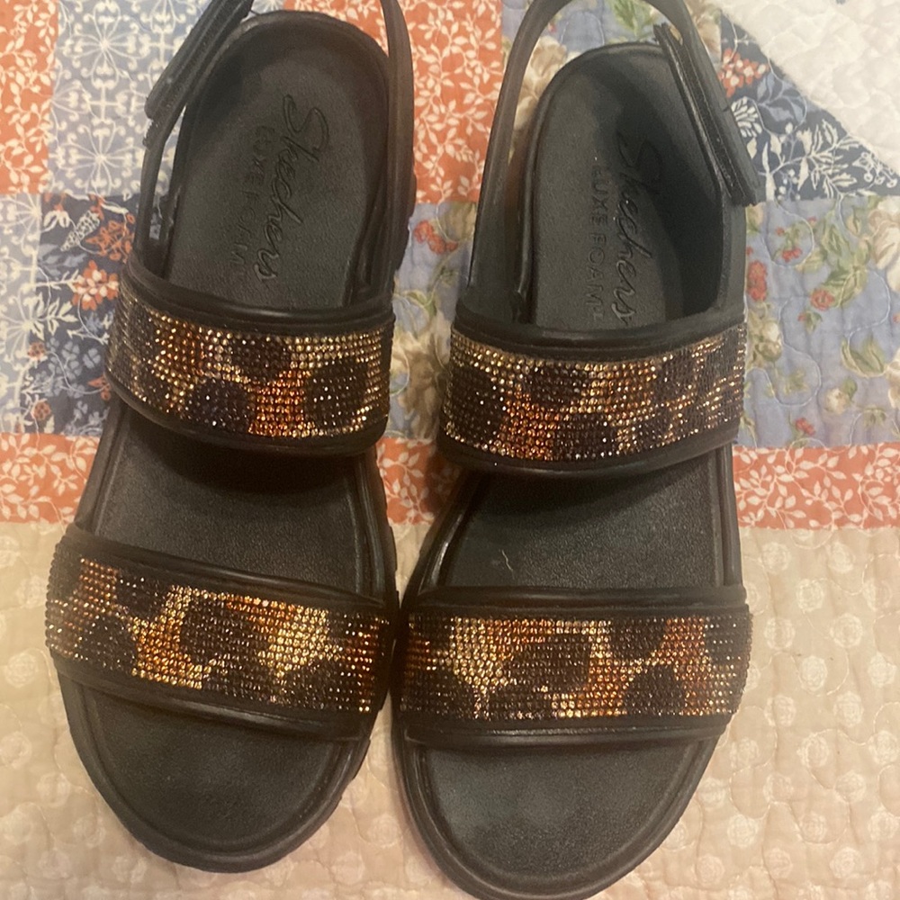 Cheetah print bling sandals with Velcro straps from Skechers
